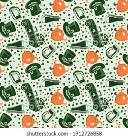 Saint Patrick's day background, seamless pattern with Shamrock leaves, Leprechaun, vintage Truck and beer Glass