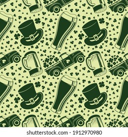 Saint Patrick's day background, seamless pattern with Shamrock leaves, Leprechaun Hat, vintage Truck and beer Glass