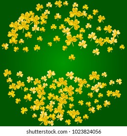 Saint patricks day background with shamrock. Lucky trefoil confetti. Glitter frame of clover leaves. Template for gift coupons, vouchers, ads, events. Festive saint patricks day backdrop.