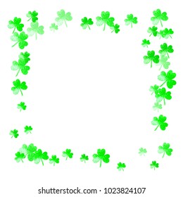 Saint patricks day background with shamrock. Lucky trefoil confetti. Glitter frame of clover leaves. Template for gift coupons, vouchers, ads, events. Decorative saint patricks day backdrop.