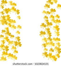 Saint patricks day background with shamrock. Lucky trefoil confetti. Glitter frame of clover leaves. Template for special business offer, banner, flyer. Merry saint patricks day backdrop.
