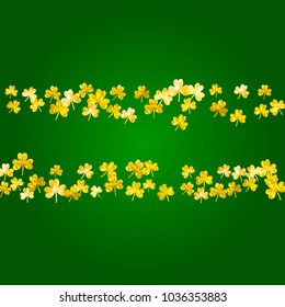 Saint patricks day background with shamrock. Lucky trefoil confetti. Glitter frame of clover leaves. Template for voucher, special business ad, banner. Happy saint patricks day backdrop.