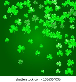 Saint patricks day background with shamrock. Lucky trefoil confetti. Glitter frame of clover leaves. Template for special business offer, banner, flyer. Festal saint patricks day backdrop.