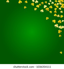 Saint patricks day background with shamrock. Lucky trefoil confetti. Glitter frame of clover leaves. Template for voucher, special business ad, banner. Merry saint patricks day backdrop.