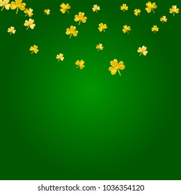 Saint patricks day background with shamrock. Lucky trefoil confetti. Glitter frame of clover leaves. Template for flyer, special business offer, promo. Festive saint patricks day backdrop.