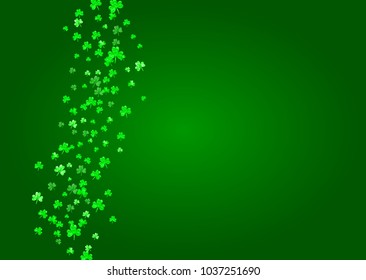 Saint patricks day background with shamrock. Lucky trefoil confetti. Glitter frame of clover leaves. Template for flyer, special business offer, promo. Festal saint patricks day backdrop.