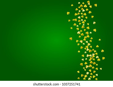Saint patricks day background with shamrock. Lucky trefoil confetti. Glitter frame of clover leaves. Template for voucher, special business ad, banner. Celtic saint patricks day backdrop.