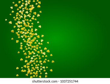 Saint patricks day background with shamrock. Lucky trefoil confetti. Glitter frame of clover leaves. Template for gift coupons, vouchers, ads, events. Festal saint patricks day backdrop.
