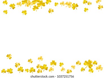 Saint patricks day background with shamrock. Lucky trefoil confetti. Glitter frame of clover leaves. Template for special business offer, banner, flyer. Happy saint patricks day backdrop.
