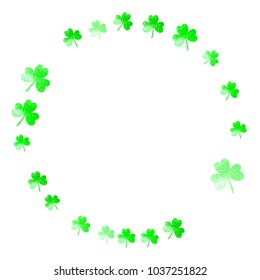 Saint patricks day background with shamrock. Lucky trefoil confetti. Glitter frame of clover leaves. Template for poster, gift certificate, banner. Festal saint patricks day backdrop.