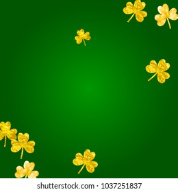 Saint patricks day background with shamrock. Lucky trefoil confetti. Glitter frame of clover leaves. Template for special business offer, banner, flyer. Merry saint patricks day backdrop.