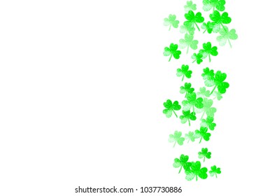Saint patricks day background with shamrock. Lucky trefoil confetti. Glitter frame of clover leaves. Template for poster, gift certificate, banner. Dublin saint patricks day backdrop.