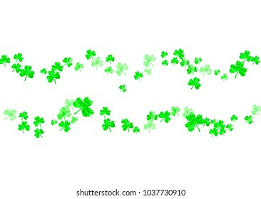 Saint patricks day background with shamrock. Lucky trefoil confetti. Glitter frame of clover leaves. Template for gift coupons, vouchers, ads, events. Merry saint patricks day backdrop.