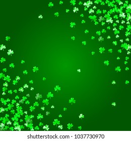 Saint patricks day background with shamrock. Lucky trefoil confetti. Glitter frame of clover leaves. Template for gift coupons, vouchers, ads, events. Holiday saint patricks day backdrop.