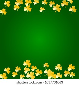 Saint patricks day background with shamrock. Lucky trefoil confetti. Glitter frame of clover leaves. Template for gift coupons, vouchers, ads, events. Merry saint patricks day backdrop.