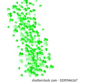 Saint patricks day background with shamrock. Lucky trefoil confetti. Glitter frame of clover leaves. Template for poster, gift certificate, banner. Dublin saint patricks day backdrop.