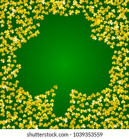 Saint patricks day background with shamrock. Lucky trefoil confetti. Glitter frame of clover leaves. Template for voucher, special business ad, banner. Festive saint patricks day backdrop.