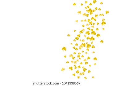 Saint patricks day background with shamrock. Lucky trefoil confetti. Glitter frame of clover leaves. Template for voucher, special business ad, banner. Dublin saint patricks day backdrop.