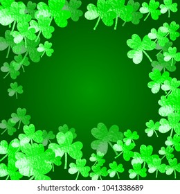 Saint patricks day background with shamrock. Lucky trefoil confetti. Glitter frame of clover leaves. Template for voucher, special business ad, banner. Irish saint patricks day backdrop.