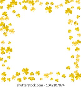 Saint patricks day background with shamrock. Lucky trefoil confetti. Glitter frame of clover leaves. Template for gift coupons, vouchers, ads, events. Merry saint patricks day backdrop.
