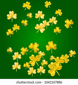 Saint patricks day background with shamrock. Lucky trefoil confetti. Glitter frame of clover leaves. Template for poster, gift certificate, banner. Greeting saint patricks day backdrop.