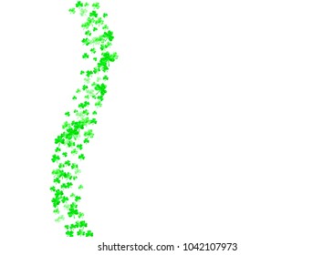 Saint patricks day background with shamrock. Lucky trefoil confetti. Glitter frame of clover leaves. Template for voucher, special business ad, banner. Irish saint patricks day backdrop.