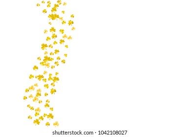 Saint patricks day background with shamrock. Lucky trefoil confetti. Glitter frame of clover leaves. Template for poster, gift certificate, banner. Holiday saint patricks day backdrop.