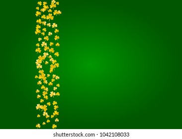 Saint patricks day background with shamrock. Lucky trefoil confetti. Glitter frame of clover leaves. Template for gift coupons, vouchers, ads, events. Festive saint patricks day backdrop.
