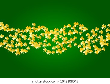 Saint patricks day background with shamrock. Lucky trefoil confetti. Glitter frame of clover leaves. Template for flyer, special business offer, promo. Holiday saint patricks day backdrop.