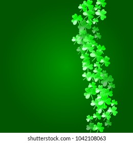 Saint patricks day background with shamrock. Lucky trefoil confetti. Glitter frame of clover leaves. Template for party invite, retail offer and ad. Merry saint patricks day backdrop.