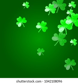 Saint patricks day background with shamrock. Lucky trefoil confetti. Glitter frame of clover leaves. Template for gift coupons, vouchers, ads, events. Dublin saint patricks day backdrop.