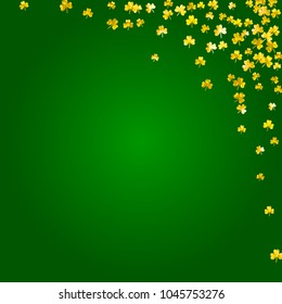 Saint patricks day background with shamrock. Lucky trefoil confetti. Glitter frame of clover leaves. Template for party invite, retail offer and ad. Festive saint patricks day backdrop.