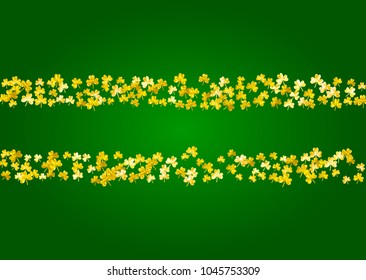 Saint patricks day background with shamrock. Lucky trefoil confetti. Glitter frame of clover leaves. Template for voucher, special business ad, banner. Celtic saint patricks day backdrop.