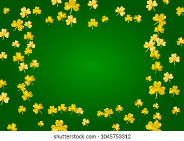Saint patricks day background with shamrock. Lucky trefoil confetti. Glitter frame of clover leaves. Template for voucher, special business ad, banner. Greeting saint patricks day backdrop.