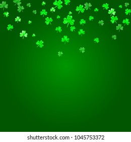 Saint patricks day background with shamrock. Lucky trefoil confetti. Glitter frame of clover leaves. Template for special business offer, banner, flyer. Decorative saint patricks day backdrop.