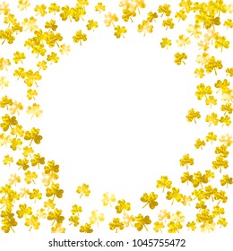 Saint patricks day background with shamrock. Lucky trefoil confetti. Glitter frame of clover leaves. Template for gift coupons, vouchers, ads, events. Irish saint patricks day backdrop.