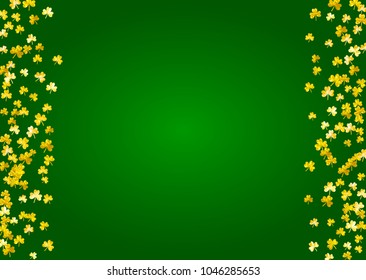 Saint patricks day background with shamrock. Lucky trefoil confetti. Glitter frame of clover leaves. Template for voucher, special business ad, banner. Festive saint patricks day backdrop.