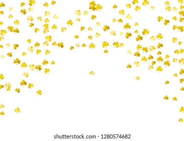 Saint patricks day background with shamrock. Lucky trefoil confetti. Glitter frame of clover leaves. Template for party invite, retail offer and ad. Merry saint patricks day backdrop.