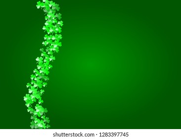 Saint patricks day background with shamrock. Lucky trefoil confetti. Glitter frame of clover leaves. Template for gift coupons, vouchers, ads, events. Happy saint patricks day backdrop.