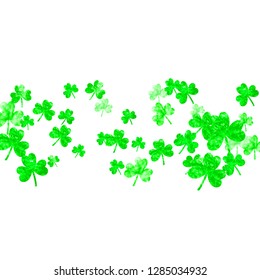 Saint patricks day background with shamrock. Lucky trefoil confetti. Glitter frame of clover leaves. Template for voucher, special business ad, banner. Greeting saint patricks day backdrop.