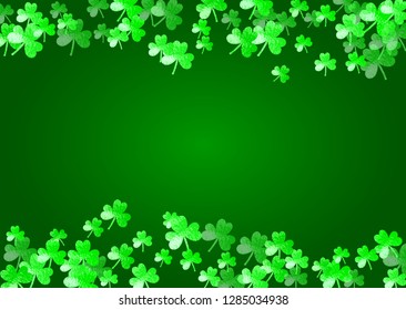 Saint patricks day background with shamrock. Lucky trefoil confetti. Glitter frame of clover leaves. Template for flyer, special business offer, promo. Decorative saint patricks day backdrop.