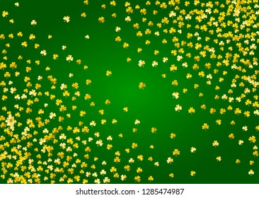 Saint patricks day background with shamrock. Lucky trefoil confetti. Glitter frame of clover leaves. Template for flyer, special business offer, promo. Happy saint patricks day backdrop.
