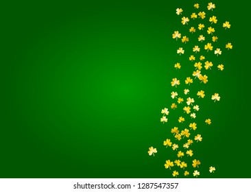 Saint patricks day background with shamrock. Lucky trefoil confetti. Glitter frame of clover leaves. Template for gift coupons, vouchers, ads, events. Holiday saint patricks day backdrop.