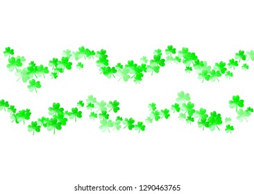 Saint patricks day background with shamrock. Lucky trefoil confetti. Glitter frame of clover leaves. Template for poster, gift certificate, banner. Happy saint patricks day backdrop.