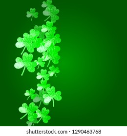 Saint patricks day background with shamrock. Lucky trefoil confetti. Glitter frame of clover leaves. Template for poster, gift certificate, banner. Happy saint patricks day backdrop.