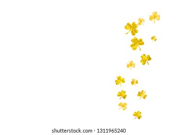 Saint patricks day background with shamrock. Lucky trefoil confetti. Glitter frame of clover leaves. Template for voucher, special business ad, banner. Irish saint patricks day backdrop.
