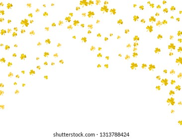 Saint patricks day background with shamrock. Lucky trefoil confetti. Glitter frame of clover leaves. Template for gift coupons, vouchers, ads, events. Greeting saint patricks day backdrop.