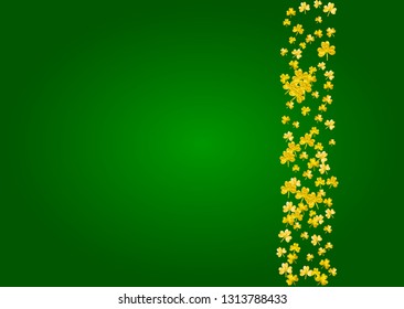 Saint patricks day background with shamrock. Lucky trefoil confetti. Glitter frame of clover leaves. Template for flyer, special business offer, promo. Festive saint patricks day backdrop.