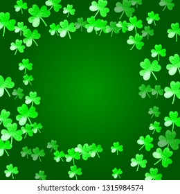 Saint patricks day background with shamrock. Lucky trefoil confetti. Glitter frame of clover leaves. Template for gift coupons, vouchers, ads, events. Merry saint patricks day backdrop.