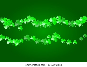 Saint patricks day background with shamrock. Lucky trefoil confetti. Glitter frame of clover leaves. Template for poster, gift certificate, banner. Dublin saint patricks day backdrop.
